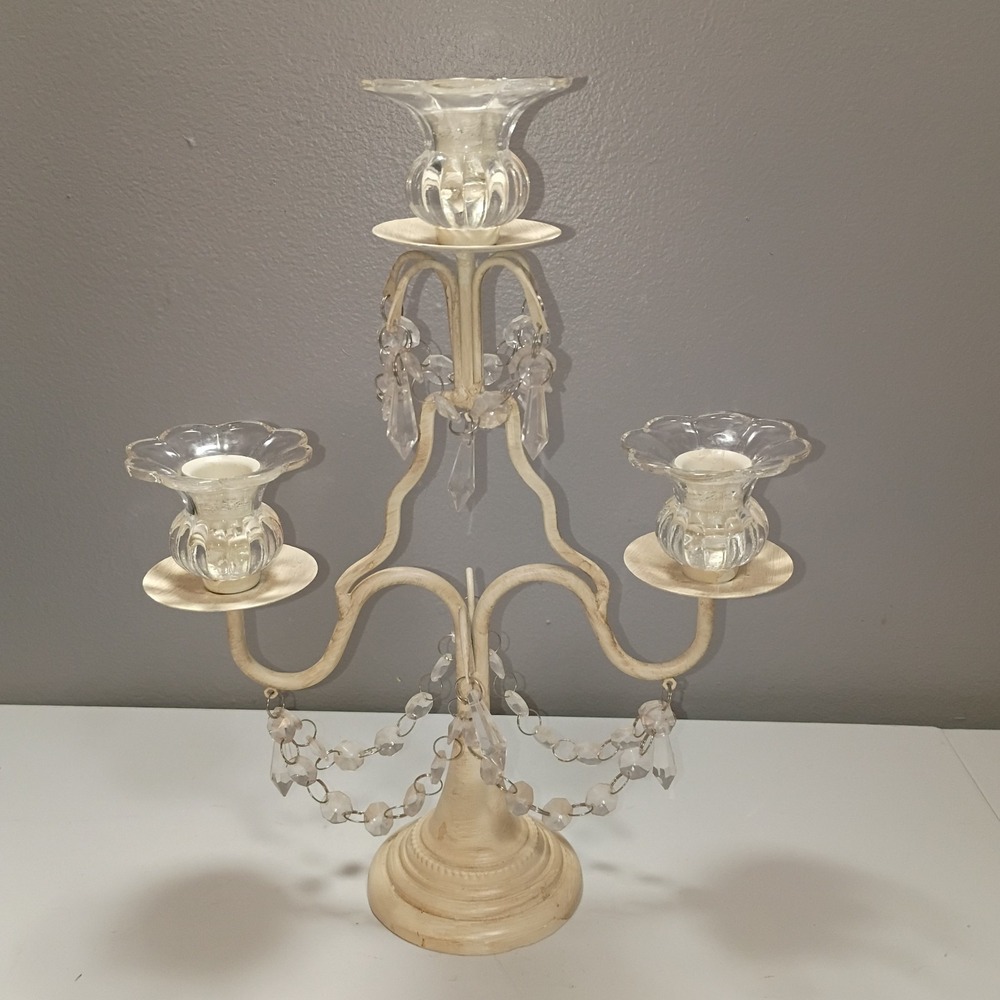 Vintage Shabby Chic White Metal Candelabra 3 Light Glass Bobeche Crystal Drops